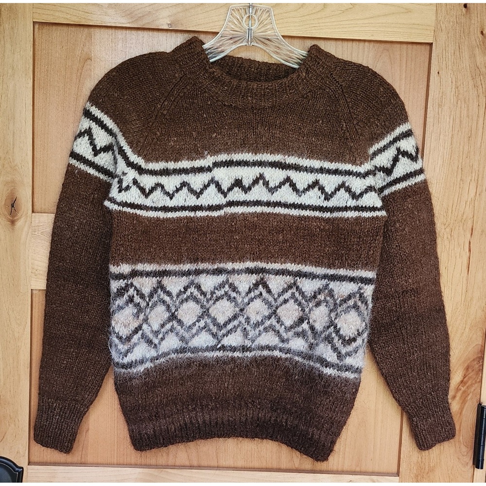 Vtg La‎ Vicuna Small Brown Baby Alpaca Wool Fair Isle Sweater Cozy Cottagecore